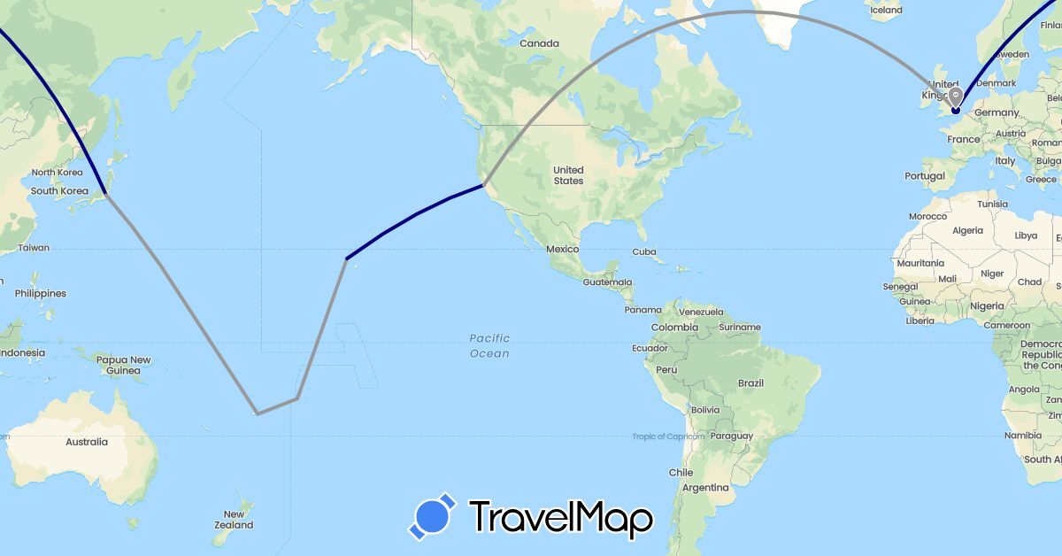 TravelMap itinerary: driving, plane in Fiji, United Kingdom, Japan, United States (Asia, Europe, North America, Oceania)